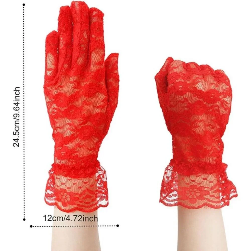 Women's Evening Dark Red Flower Pattern Lace Gloves Design Wedding Party Prom